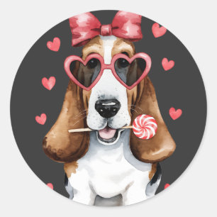 Adorable Basset Hound Enjoying Lollipop Valentine Classic Round Sticker