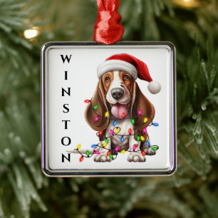 ADORABLE BASSETT HOUND DOG WITH CHRISTMAS LIGHTS METAL ORNAMENT