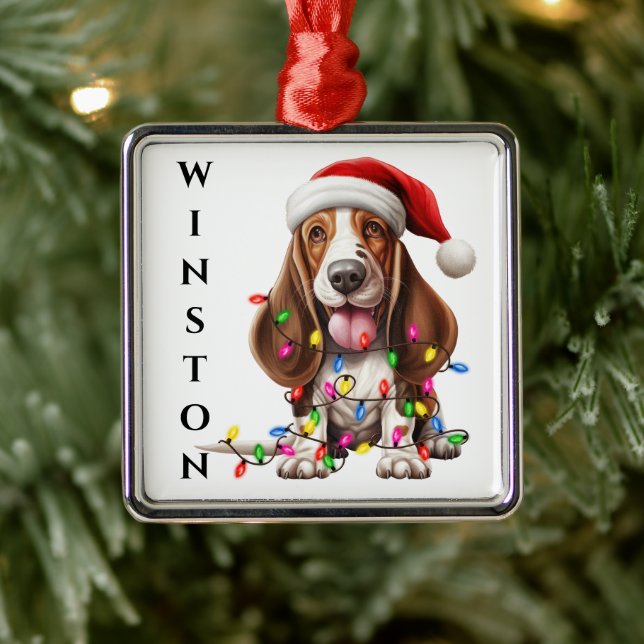 ADORABLE BASSETT HOUND DOG WITH CHRISTMAS LIGHTS METAL ORNAMENT (Tree)
