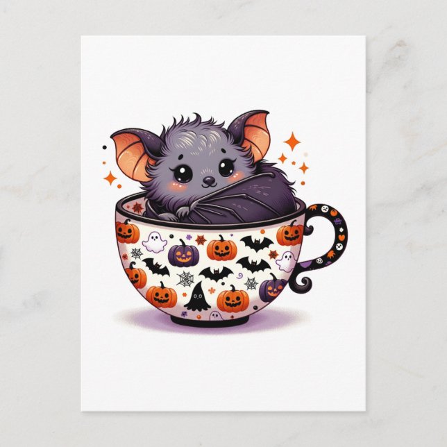 Adorable Bat in a Halloween Teacup Postcard (Front)