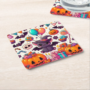 Adorable bat kawaii halloween square paper coaster