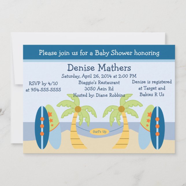 Adorable "Beach/Surfboards" Baby Shower Invitation (Front)