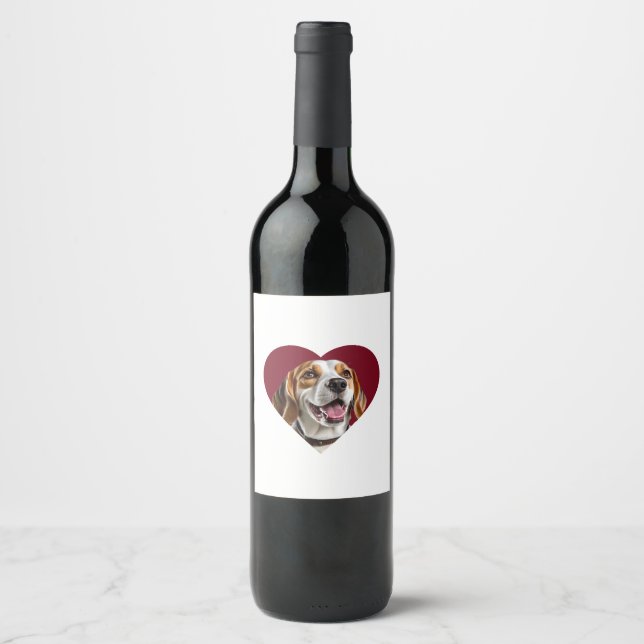 Adorable Beagle in Heart Shape Design Wine Label (Front)
