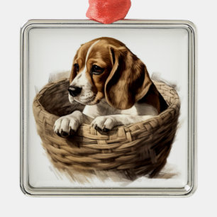 ADORABLE BEAGLE PUPPY DOG IN BASKET METAL ORNAMENT