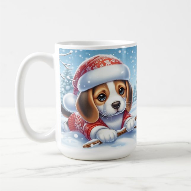Adorable Beagle Puppy in Christmas Outfit  Coffee Mug (Left)