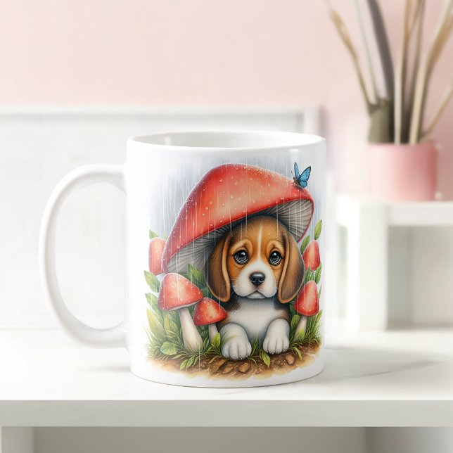 Adorable Beagle Puppy Under Mushroom Umbrella Coffee Mug (Creator Uploaded)