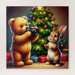 Adorable Bear and Rabbit Capturing Christmas Jigsaw Puzzle
