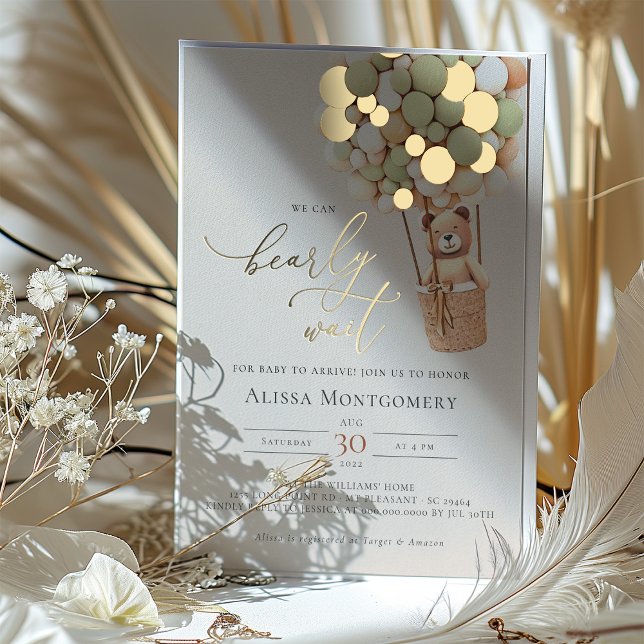 Adorable Bear Balloon Baby Shower Gold Foil Accent (Creator Uploaded)