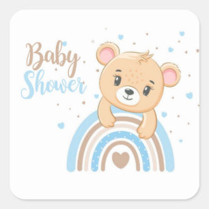 Adorable Bear Boho Rainbow Boy Baby Shower Square Sticker