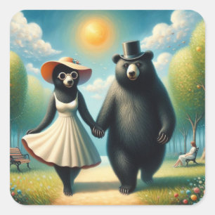 Adorable Bear Couple on a Walk in the Park  Square Sticker