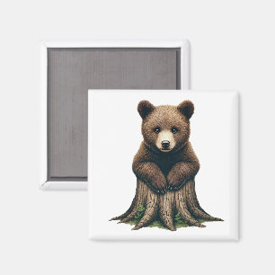 Adorable Bear Cub Sitting on Tree Stump Magnet