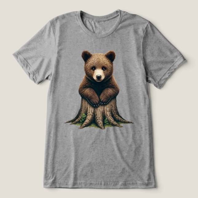 Adorable Bear Cub Sitting on Tree Stump  Tri-Blend Shirt (Design Front)