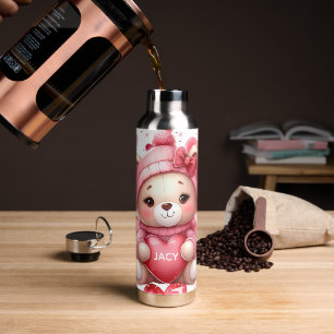 Adorable Bear Holding Hearts Valentines Water Bottle