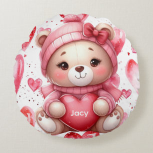 Adorable Bear Hugging Heart Personalised Name Round Cushion
