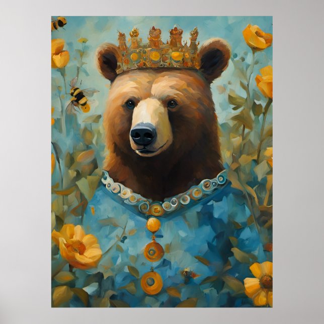 Adorable Bear in a Crown With Flowers and Bees Poster (Front)