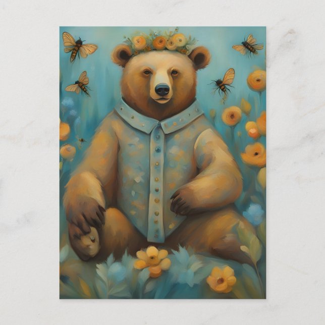 Adorable Bear in a Crown With Insects Postcard (Front)