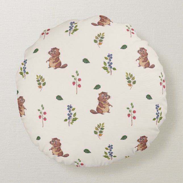 Adorable Beaver and Forest Berries Throw Pillow (Back)