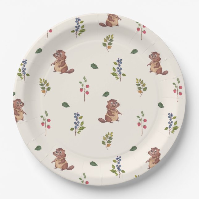 Adorable Beaver and Forest Berries Throw Pillow Paper Plate (Front)
