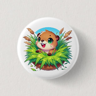 Adorable beaver peeks out from a burrow 3 cm round badge