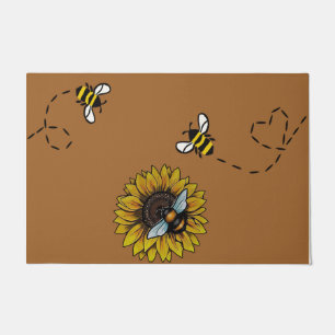 Adorable Bee Flying Around Sunflower  Doormat