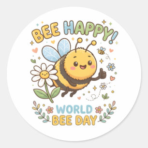 Adorable "Bee Happy!" Illustration for World Bee D Classic Round Sticker