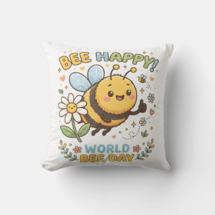 Adorable "Bee Happy!" Illustration for World Bee D Cushion