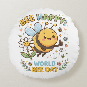 Adorable "Bee Happy!" Illustration for World Bee D Round Cushion