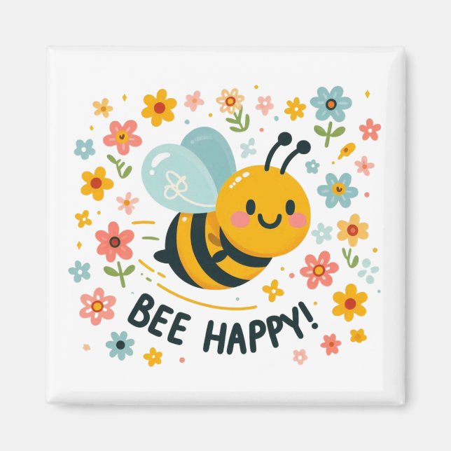 Adorable Bee Happy Square Magnet (Front)