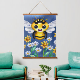 Adorable Bee in a Flower Garden Watercolor Hanging Tapestry