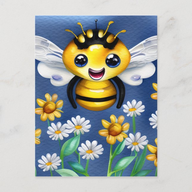 Adorable Bee in a Flower Garden Watercolor Postcard (Front)