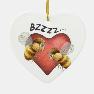 Adorable Bees and Heart Shape Ceramic Ornament