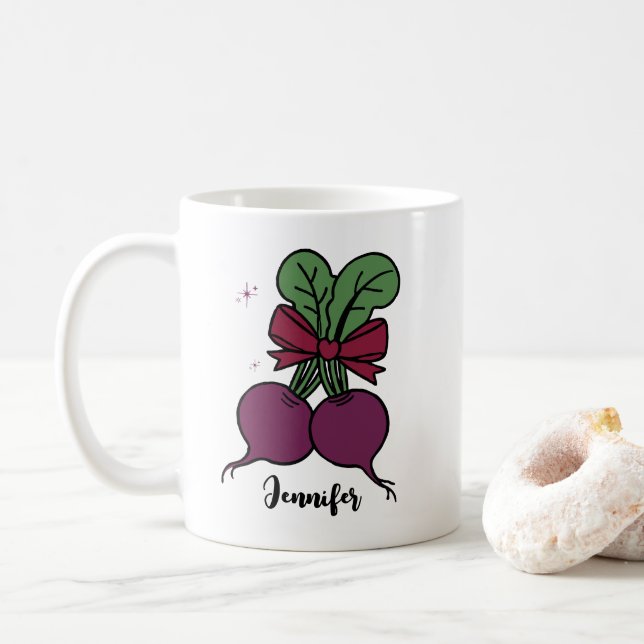 Adorable beets root vegetable personalised name coffee mug (With Donut)