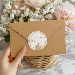 Adorable Beige Wildflower Baby Shower Bunny Duo Classic Round Sticker