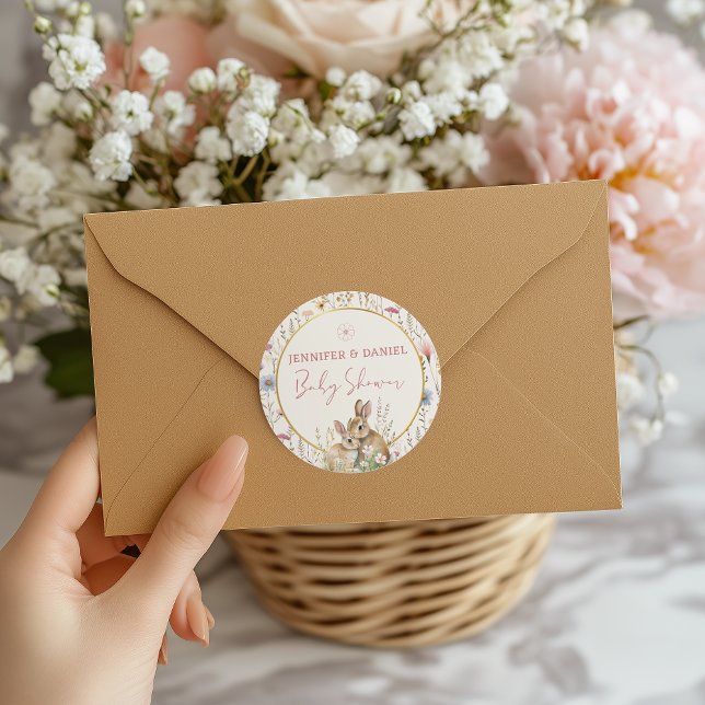 Adorable Beige Wildflower Baby Shower  Bunny Duo Classic Round Sticker (Creator Uploaded)