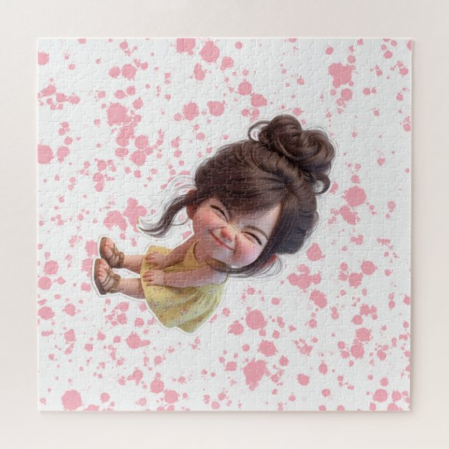 Adorable Bending Girl in Yellow Dress & Messy Bun  Jigsaw Puzzle (Horizontal)