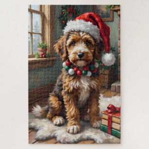Adorable Bernedoodle Dog Cozy Knitted Santa Hat Jigsaw Puzzle