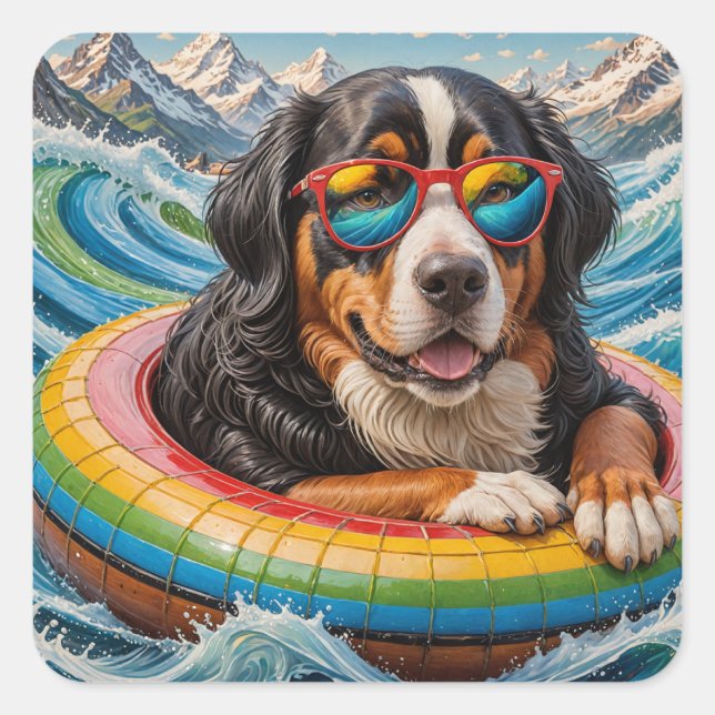 Adorable Bernese Mountain Dog enjoys Float Trip Square Sticker (Front)