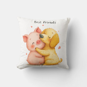 Adorable "Best Friends" Pig and Dog Throw Pillow
