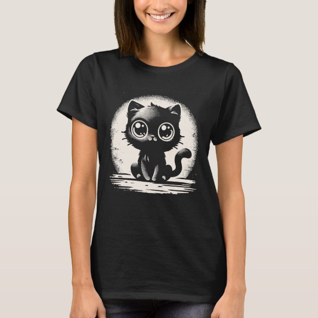 Adorable Big-Eyed Black Cat Graphic T-Shirt (Front)