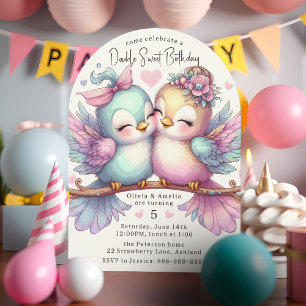 Adorable Bird Sisters Sweet Pastel Double Birthday Invitation