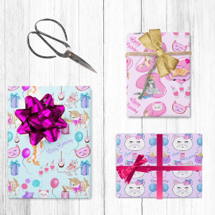 Adorable Birthday Cats Celebrating Wrapping Paper Sheet