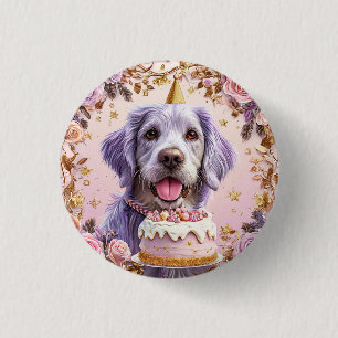 Adorable Birthday Dog with Cake Celebrating 3 Cm Round Badge
