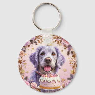 Adorable Birthday Dog with Cake Celebrating Key Ring