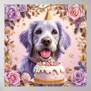 Adorable Birthday Dog with Cake Celebrating Poster