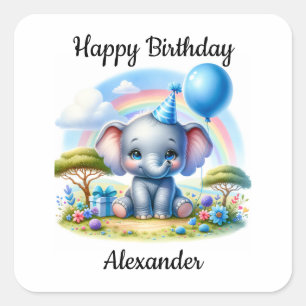 Adorable Birthday Elephant in Blue Party Hat Square Sticker