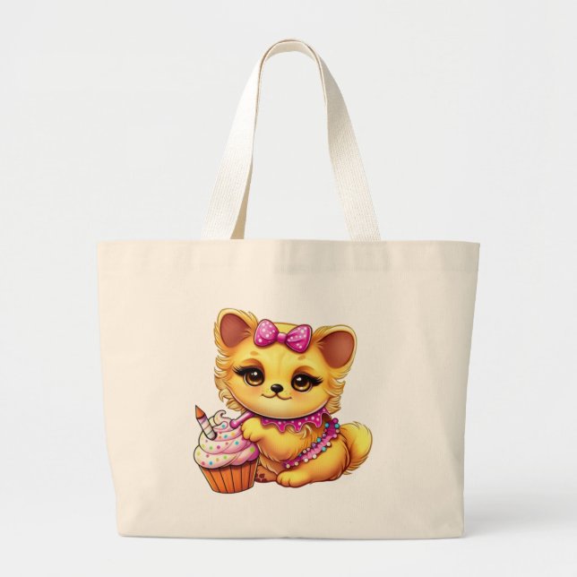 Adorable Birthday Puppy with Cupcake Large Tote Bag (Front)