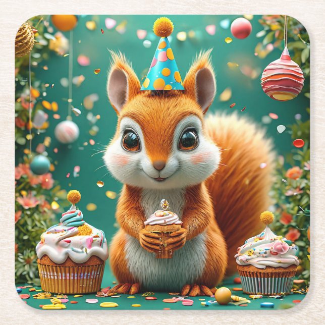 Adorable birthday Squirrel Square Paper Coaster (Front)
