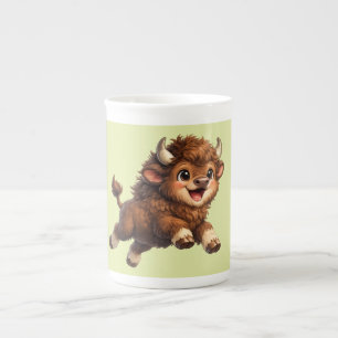 Adorable Bison Playfully Running with a Joyful Bone China Mug