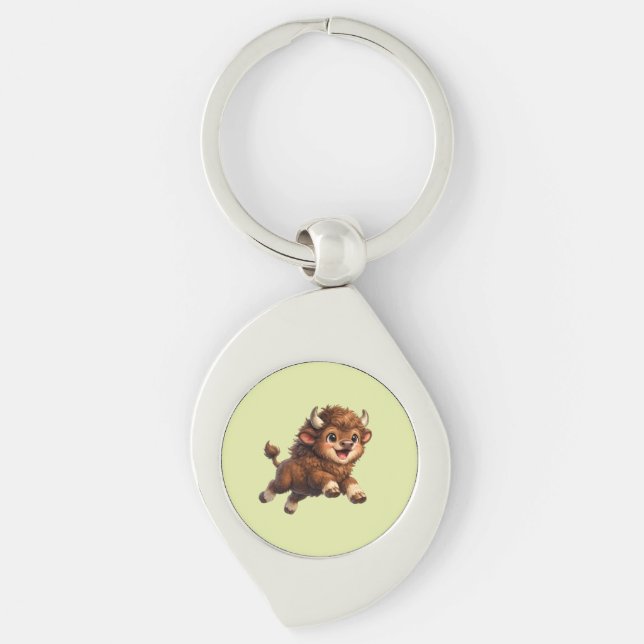 Adorable Bison Playfully Running with a Joyful  Key Ring (Front)