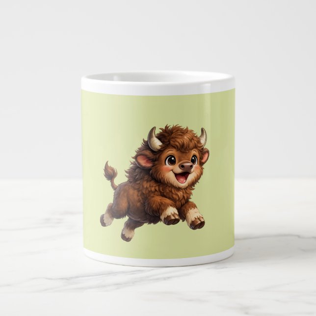 Adorable Bison Playfully Running with a Joyful  Large Coffee Mug (Front)
